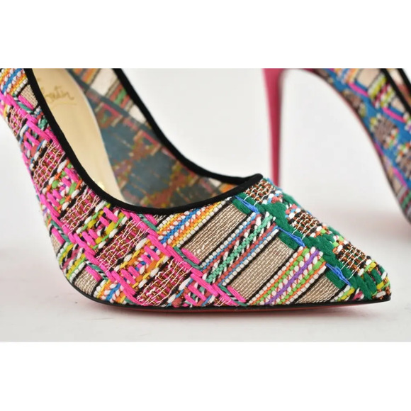 Christian Louboutin Follies Lace 100 Pink Black Hippie Suede Mesh Heel Pump 35.5 - Picture 6 of 12